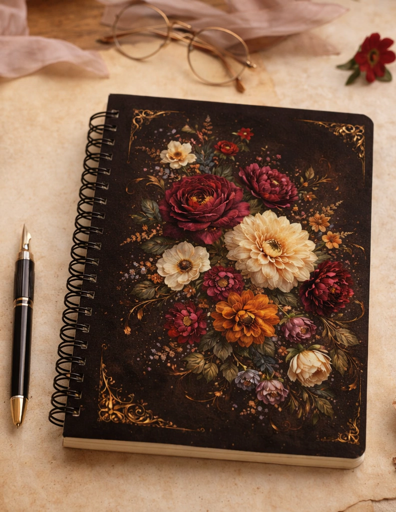 Caderno Floral Vintage - Coleção Flora Noturna - Modelo 1 - Produto sob encomenda: 5 dias para produção.