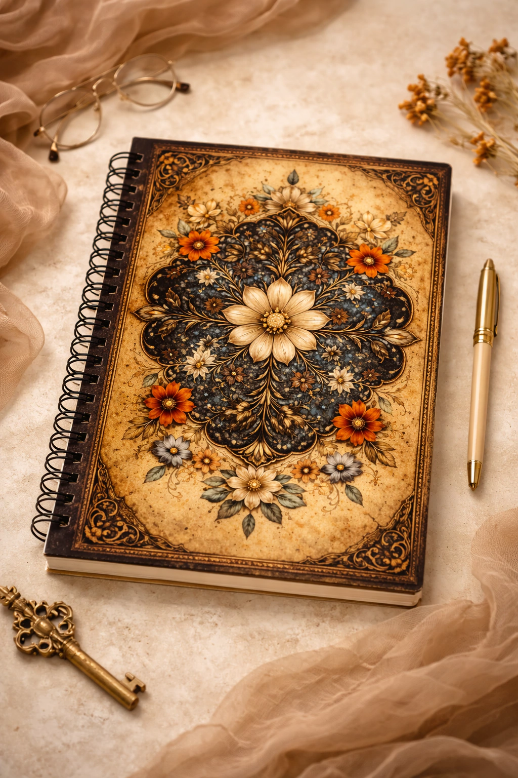 Caderno Floral Vintage - Coleção Flora Noturna - Modelo 3 - Produto sob encomenda 5 dias para produção
