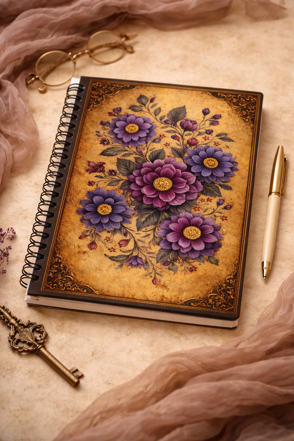 Caderno Floral Vintage - Coleção Flora Noturna - Modelo 2 - Produto sob encomenda 5 dias para produção